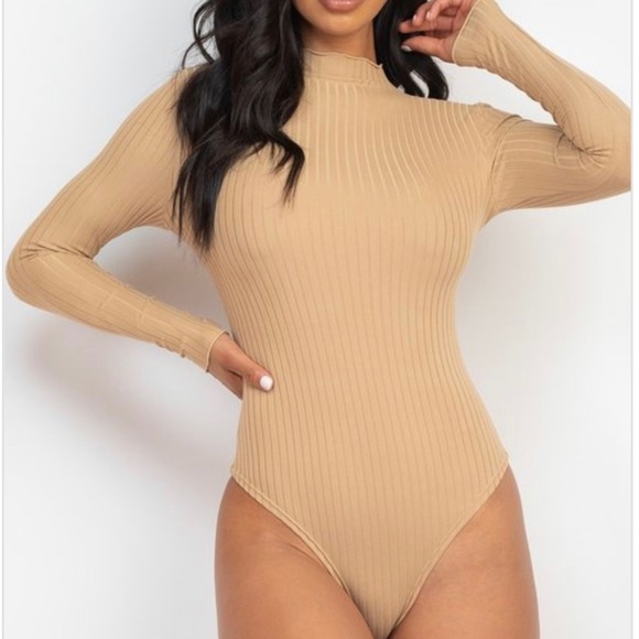 WOMENS KHAKI LONG SLEEVE RIBBED MOCK NECK THONG BODYSUIT - Picture 6 of 6